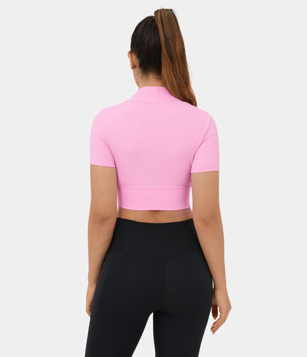 Softlyzero™ Plush Short Sleeve 2-in-1 Cropped Yoga Sports Top  | Womens  Sports Tops Clothing Nosegay/Black