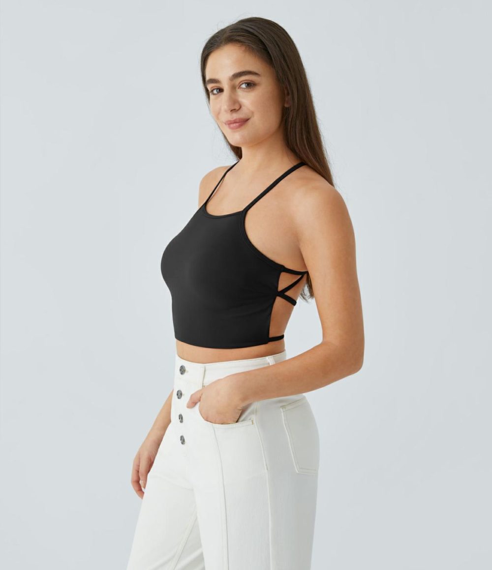 Softlyzero™ Plush Square Neck Backless Crisscross Cropped Casual Tank Top  | Womens  Cropped Tops Clothing Black/Mars Red