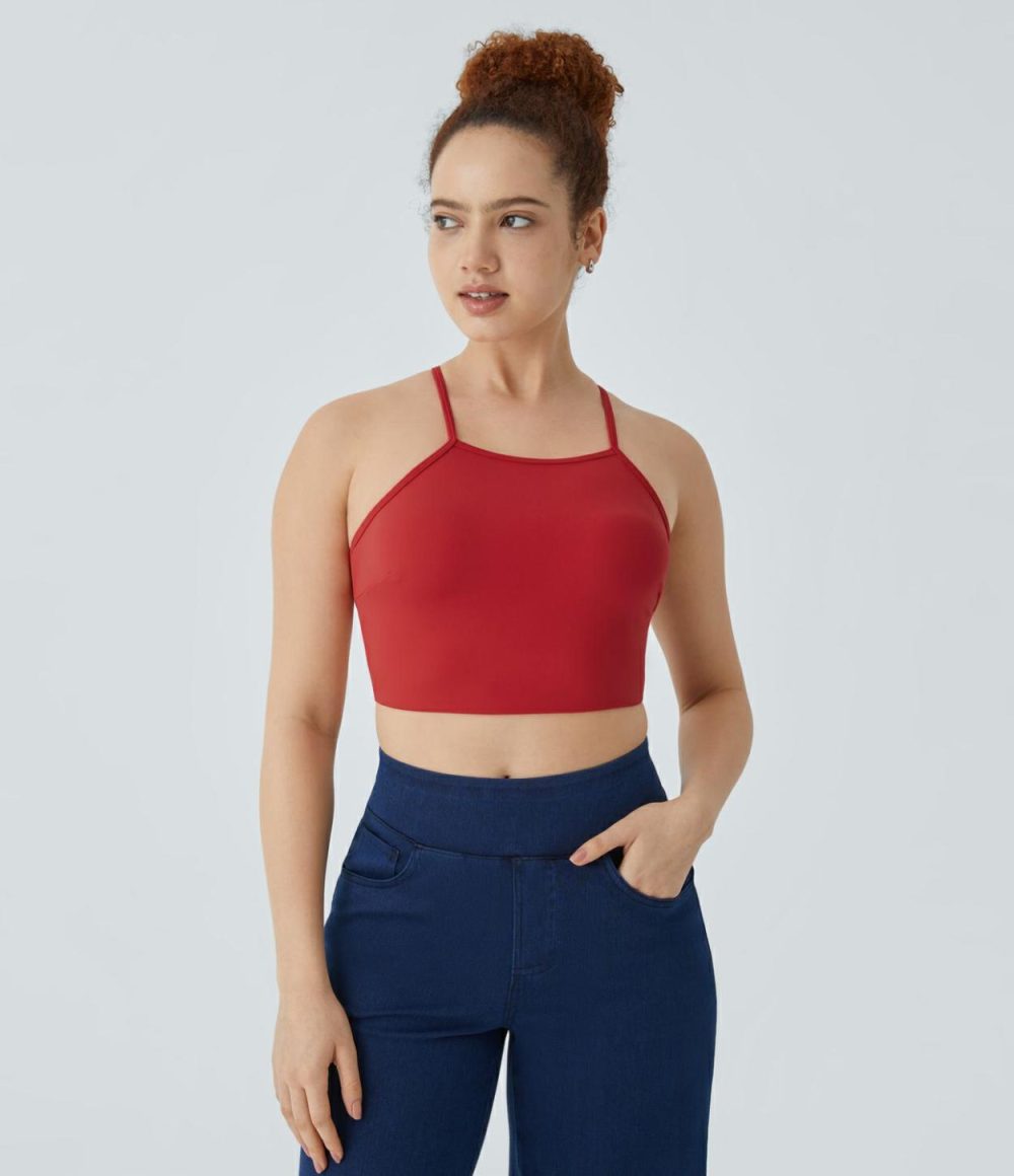 Softlyzero™ Plush Square Neck Backless Crisscross Cropped Casual Tank Top  | Womens  Cropped Tops Clothing Black/Mars Red