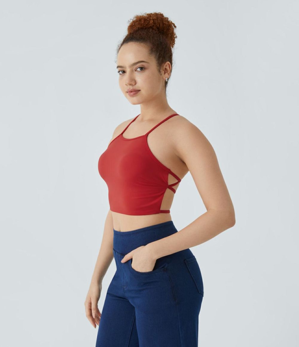 Softlyzero™ Plush Square Neck Backless Crisscross Cropped Casual Tank Top  | Womens  Cropped Tops Clothing Black/Mars Red