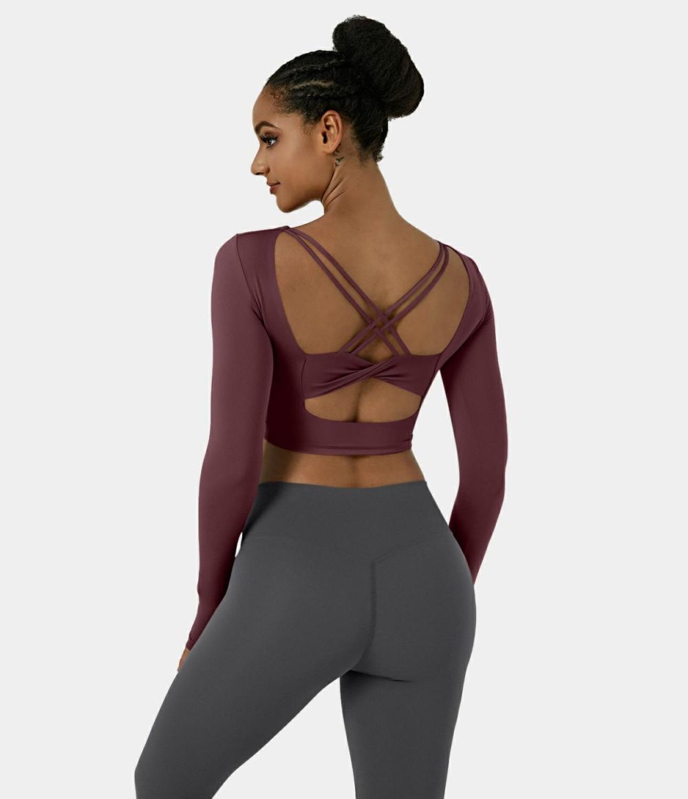 Softlyzero™ Plush Thumb Hole Backless Crisscross Cut Out Cropped Sports Top  | Womens  Sports Tops Clothing Red Mahogany/Tulip Purple/Black/White