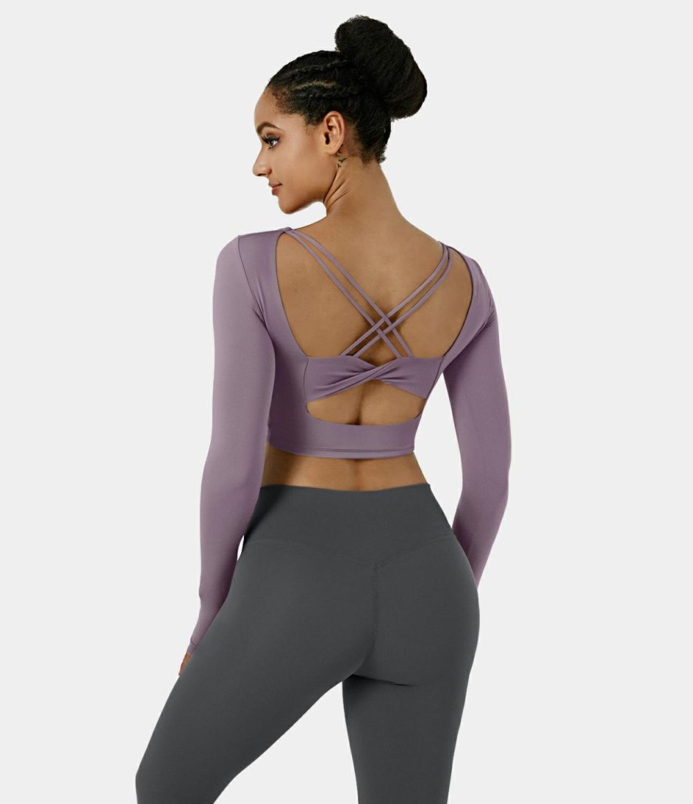 Softlyzero™ Plush Thumb Hole Backless Crisscross Cut Out Cropped Sports Top  | Womens  Sports Tops Clothing Red Mahogany/Tulip Purple/Black/White