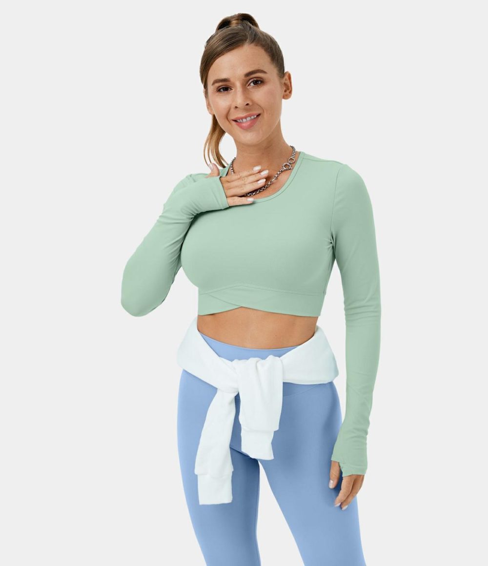 Softlyzero™ Plush Thumb Hole Crossover Hem Cropped Yoga Sports Top  | Womens  Sports Tops Clothing Sports Tops