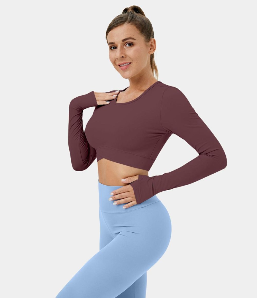 Softlyzero™ Plush Thumb Hole Crossover Hem Cropped Yoga Sports Top  | Womens  Sports Tops Clothing Sports Tops