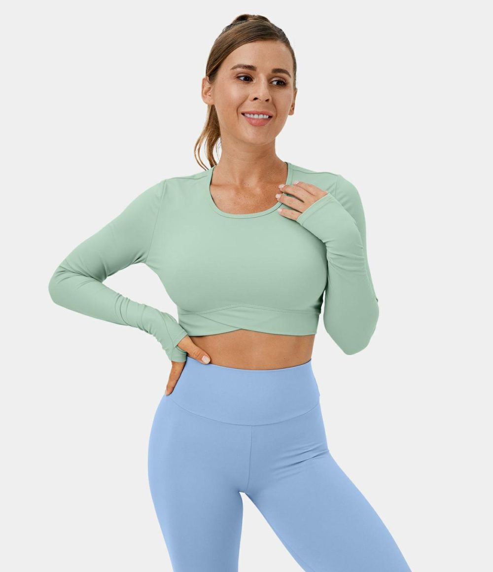 Softlyzero™ Plush Thumb Hole Crossover Hem Cropped Yoga Sports Top  | Womens  Sports Tops Clothing Sports Tops