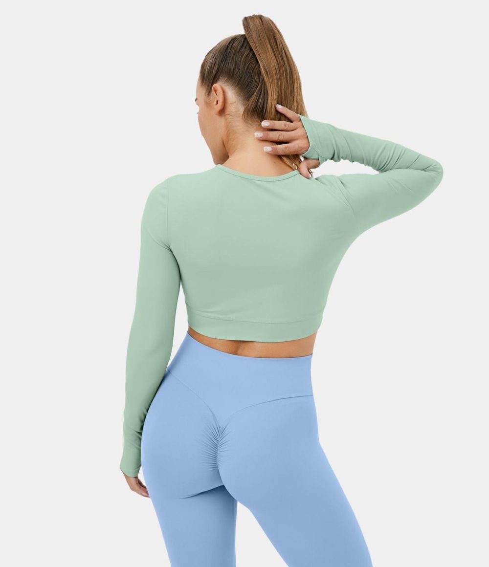 Softlyzero™ Plush Thumb Hole Crossover Hem Cropped Yoga Sports Top  | Womens  Sports Tops Clothing Sports Tops