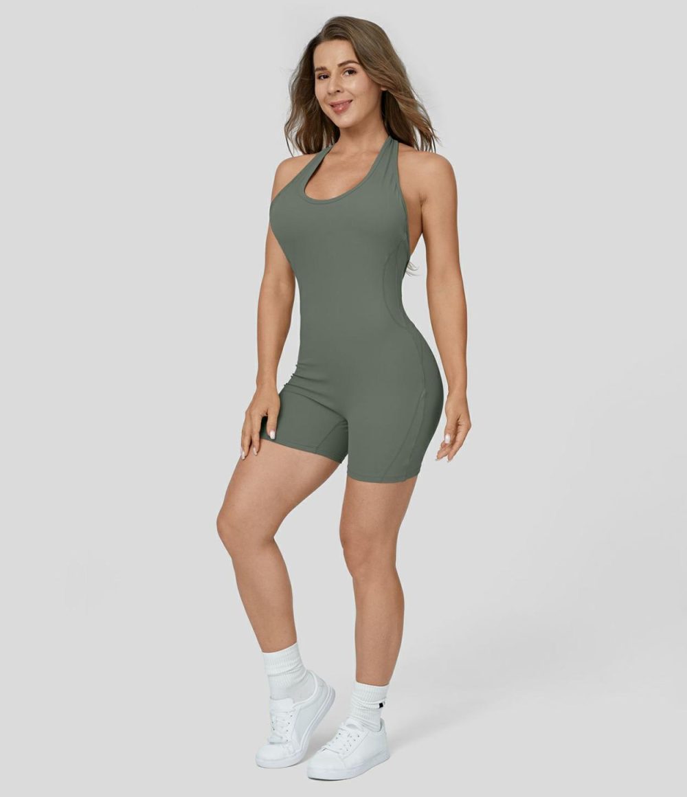 Softlyzero™ Plush U Neck Backless Racerback Cut Out Yoga Jumpsuit  | Womens  Rompers Clothing Rompers