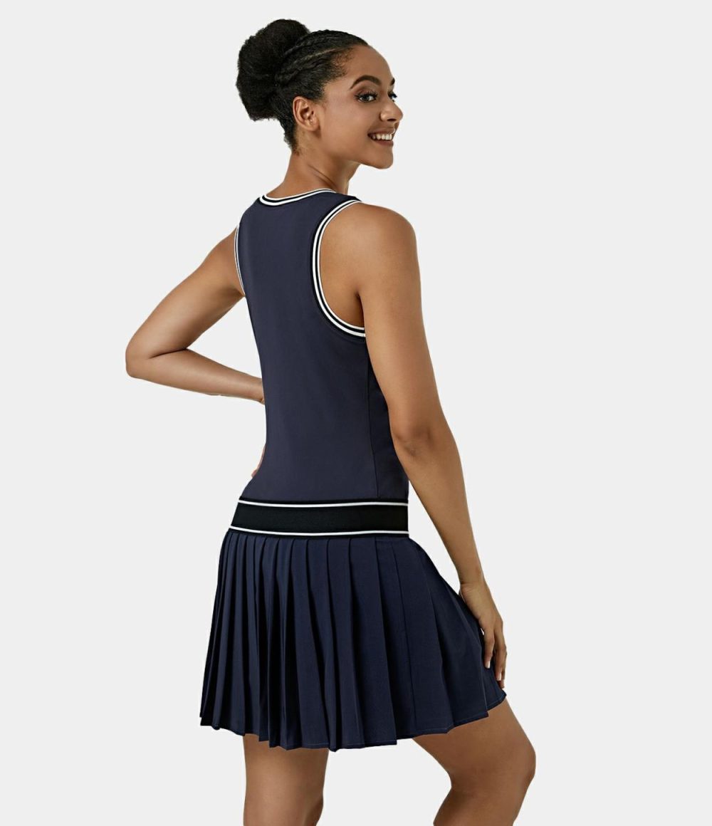 Softlyzero™ Plush V Neck Color Block Mini Pleated Tennis Activity Dress  | Womens  Active Dresses Active Dresses Active Dresses