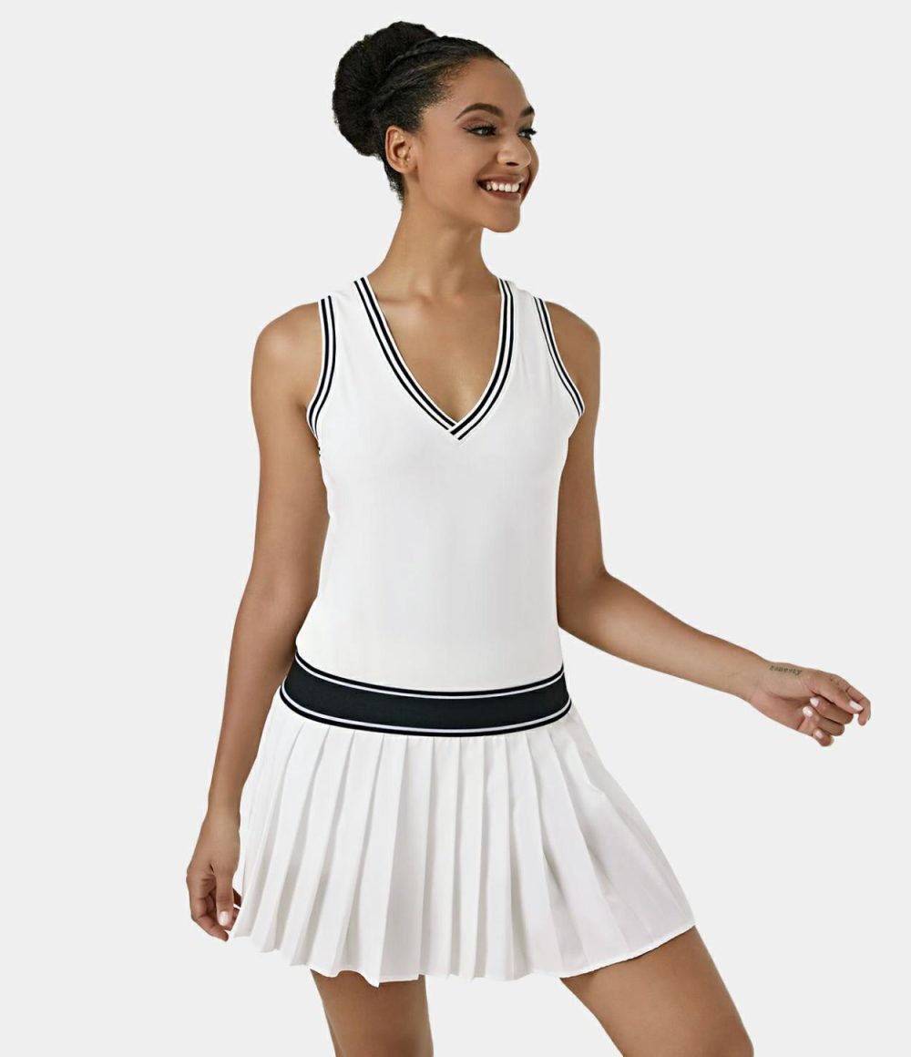 Softlyzero™ Plush V Neck Color Block Mini Pleated Tennis Activity Dress  | Womens  Active Dresses Active Dresses Active Dresses