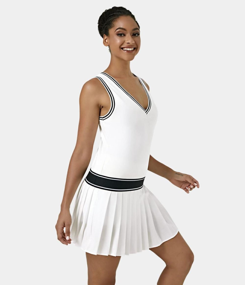 Softlyzero™ Plush V Neck Color Block Mini Pleated Tennis Activity Dress  | Womens  Active Dresses Active Dresses Active Dresses