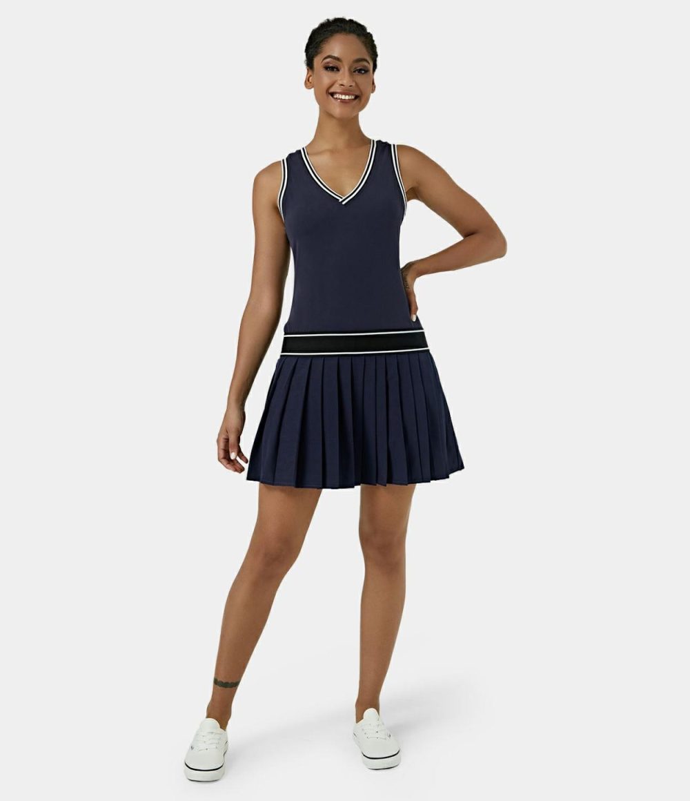 Softlyzero™ Plush V Neck Color Block Mini Pleated Tennis Activity Dress  | Womens  Active Dresses Active Dresses Active Dresses