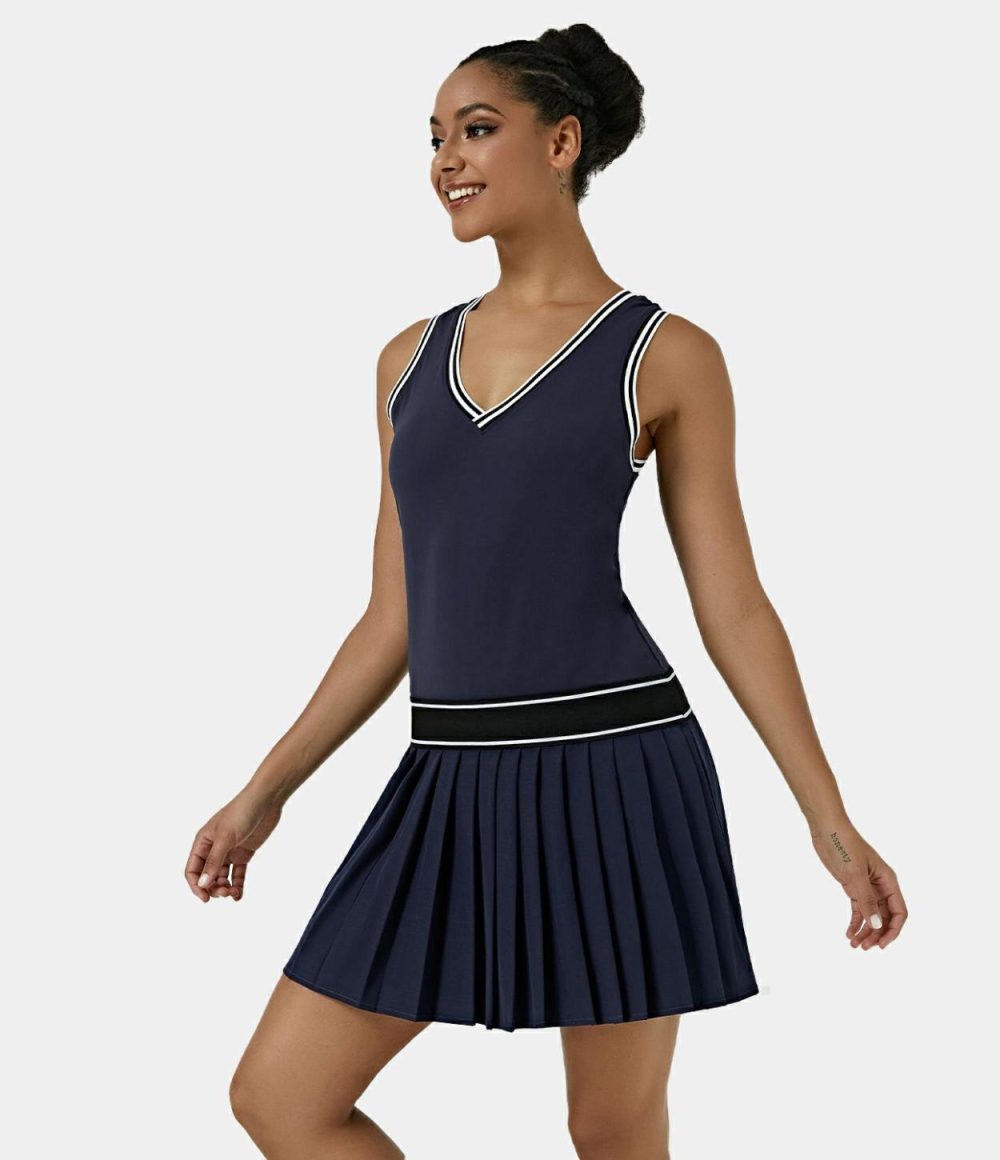 Softlyzero™ Plush V Neck Color Block Mini Pleated Tennis Activity Dress  | Womens  Active Dresses Active Dresses Active Dresses