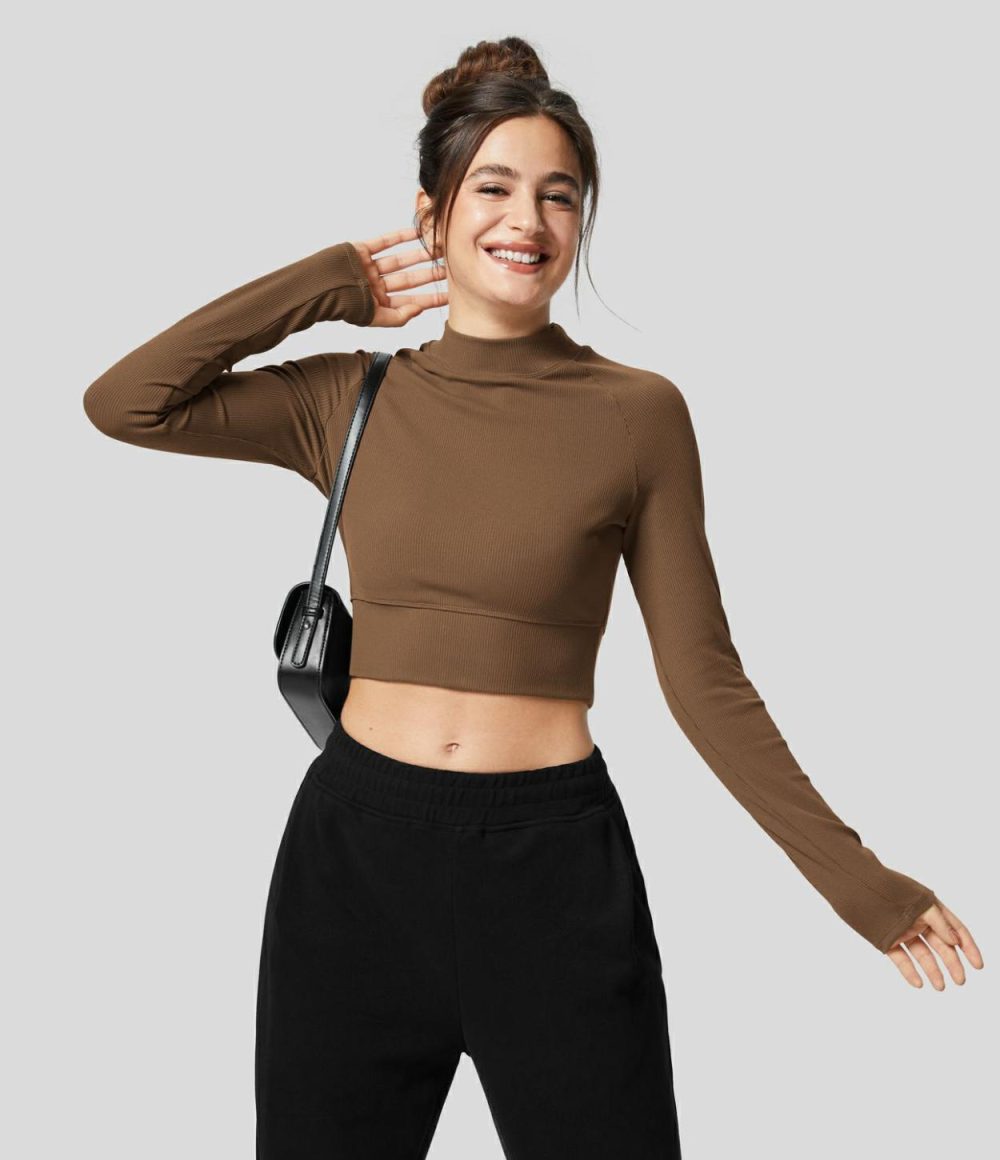 Softlyzero™ Ribbed Mock Neck Long Sleeve Cropped Casual Sports Top  | Womens  Sports Tops Clothing Black/Toffee/Bluebird Cyan