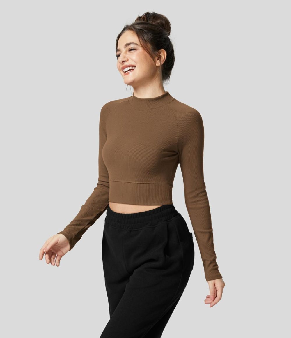 Softlyzero™ Ribbed Mock Neck Long Sleeve Cropped Casual Sports Top  | Womens  Sports Tops Clothing Black/Toffee/Bluebird Cyan