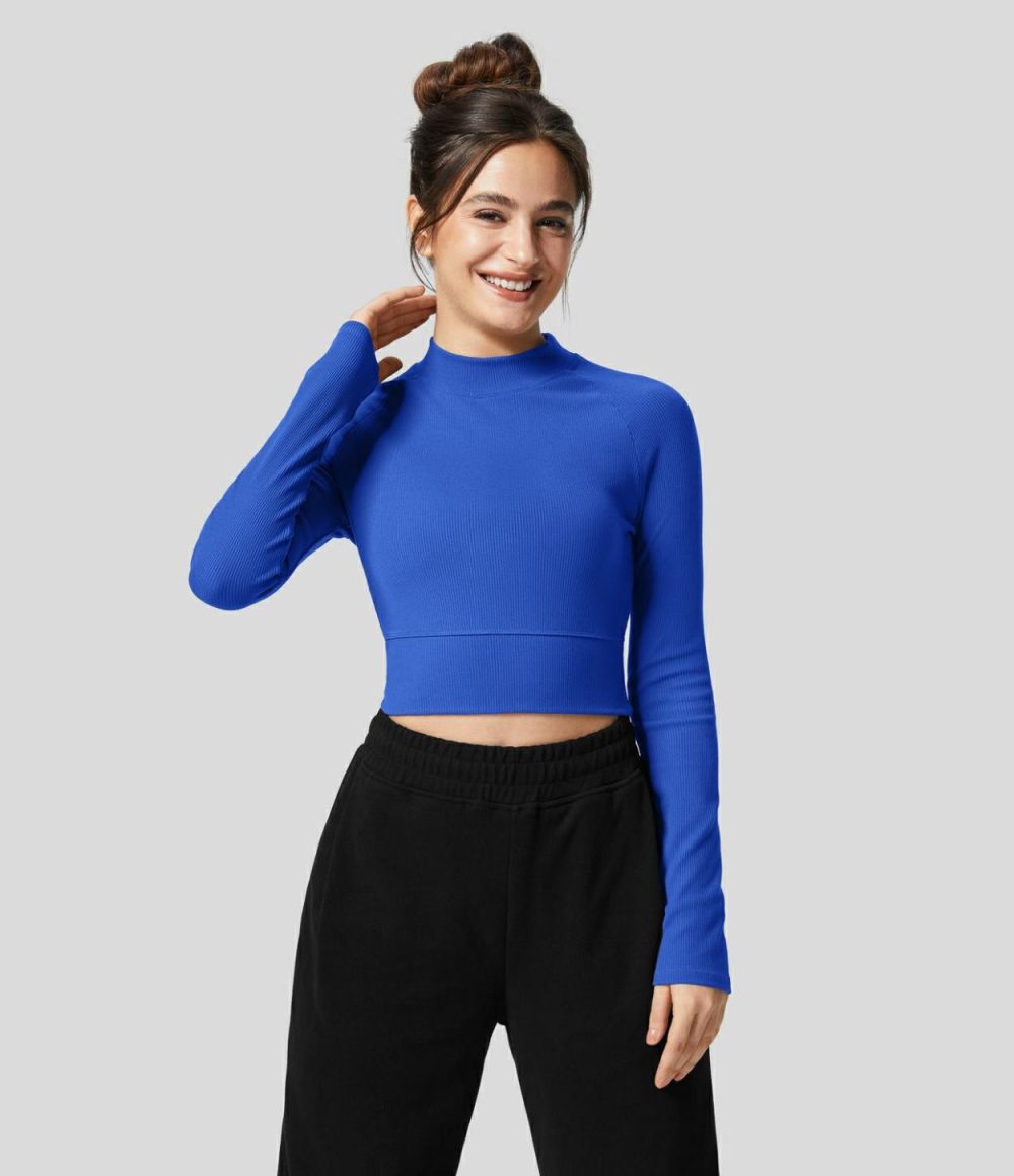 Softlyzero™ Ribbed Mock Neck Long Sleeve Cropped Casual Sports Top  | Womens  Sports Tops Clothing Black/Toffee/Bluebird Cyan