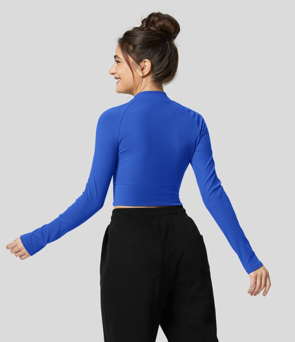 Softlyzero™ Ribbed Mock Neck Long Sleeve Cropped Casual Sports Top  | Womens  Sports Tops Clothing Black/Toffee/Bluebird Cyan