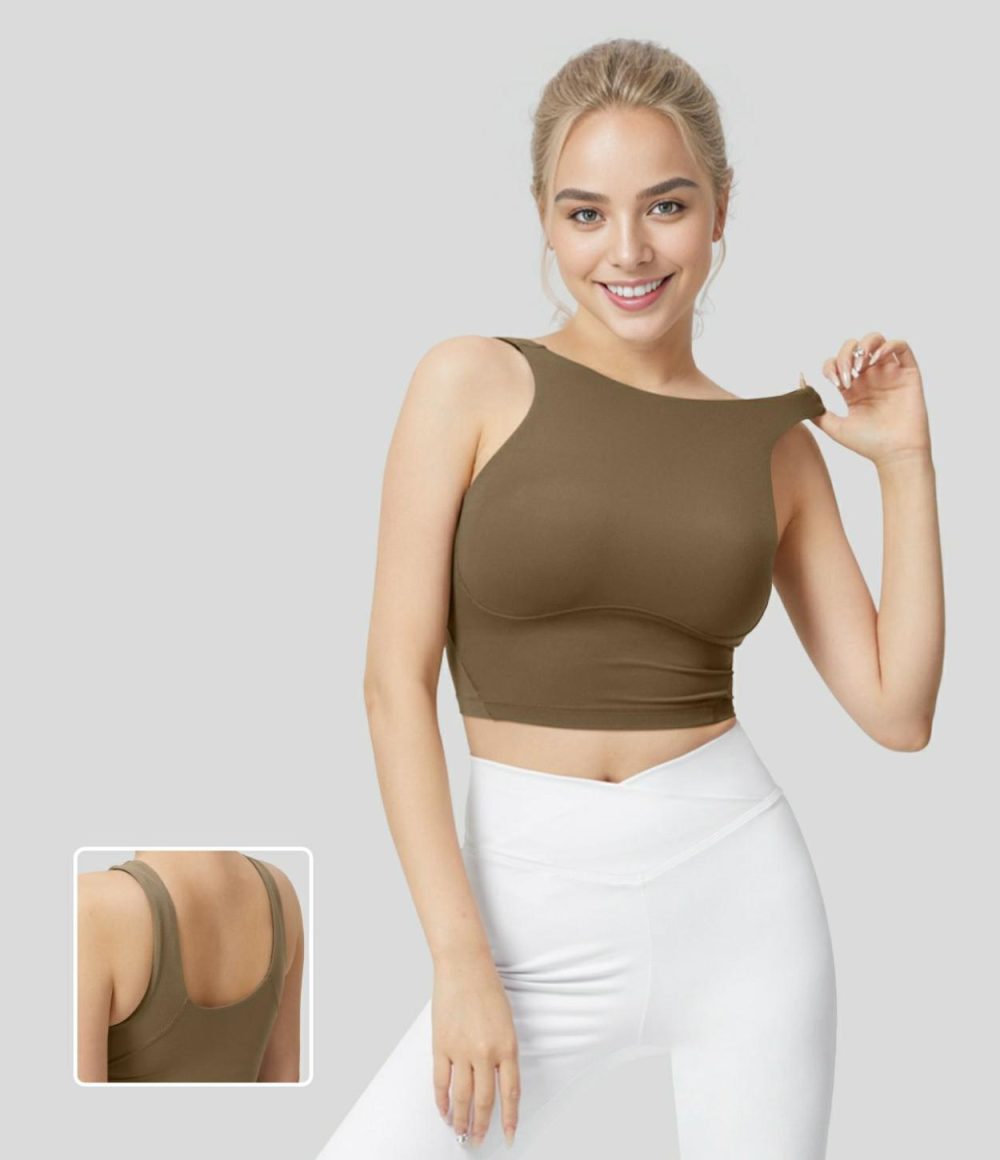 Softlyzero™ Round Neck Backless U Back Solid Cropped Yoga Tank Top-UPF50+  | Womens  Cropped Tops Clothing Chestnut Brown/Black