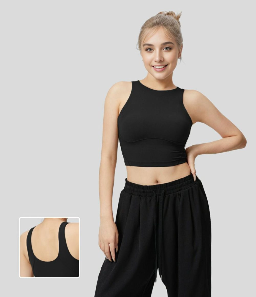 Softlyzero™ Round Neck Backless U Back Solid Cropped Yoga Tank Top-UPF50+  | Womens  Cropped Tops Clothing Chestnut Brown/Black