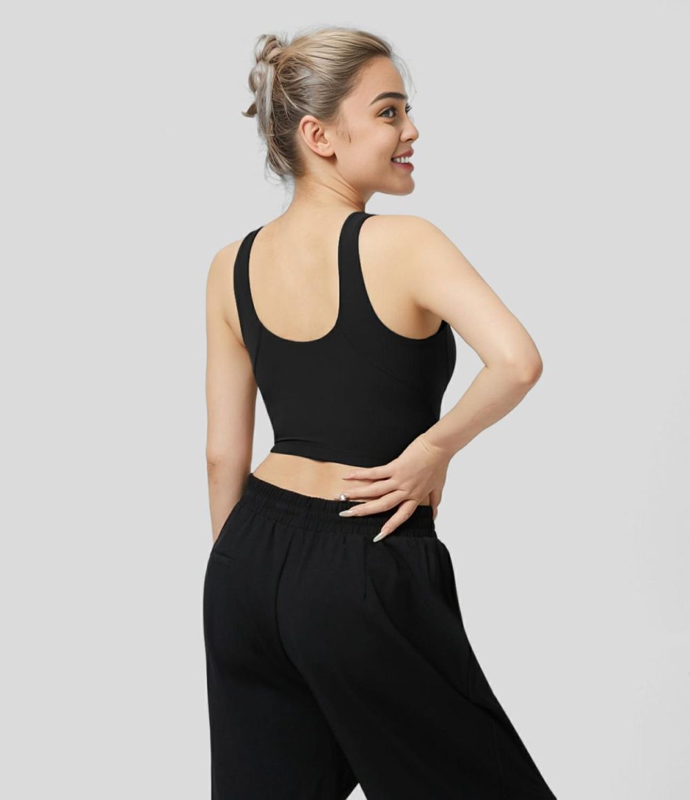 Softlyzero™ Round Neck Backless U Back Solid Cropped Yoga Tank Top-UPF50+  | Womens  Cropped Tops Clothing Chestnut Brown/Black