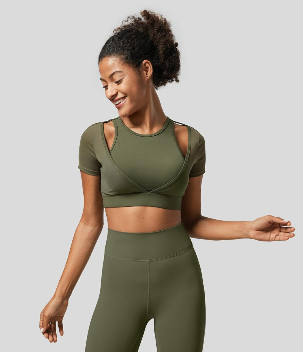 Softlyzero™ Round Neck Cut Out Short Sleeve Contrast Mesh Cropped Workout Sports Top-UPF50+  | Womens  Sports Tops Clothing Grass Grey Green/Black