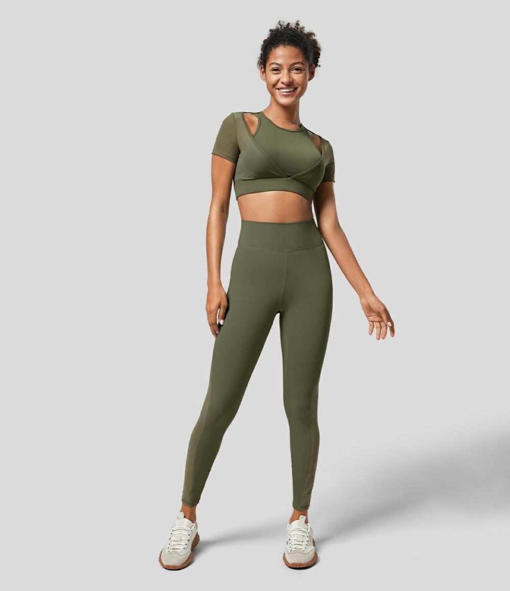 Softlyzero™ Round Neck Cut Out Short Sleeve Contrast Mesh Cropped Workout Sports Top-UPF50+  | Womens  Sports Tops Clothing Grass Grey Green/Black