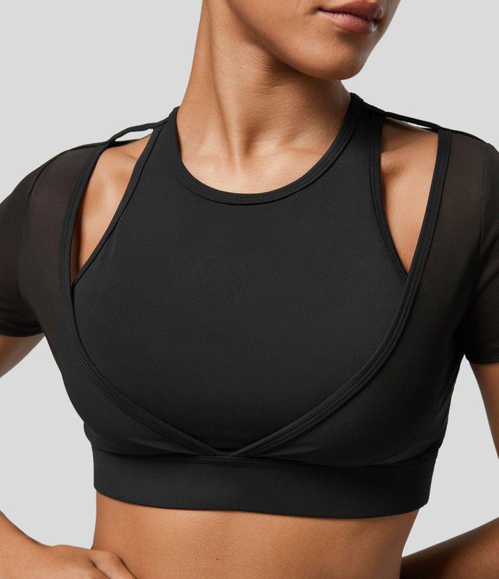 Softlyzero™ Round Neck Cut Out Short Sleeve Contrast Mesh Cropped Workout Sports Top-UPF50+  | Womens  Sports Tops Clothing Grass Grey Green/Black