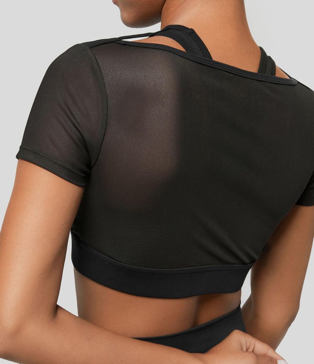 Softlyzero™ Round Neck Cut Out Short Sleeve Contrast Mesh Cropped Workout Sports Top-UPF50+  | Womens  Sports Tops Clothing Grass Grey Green/Black