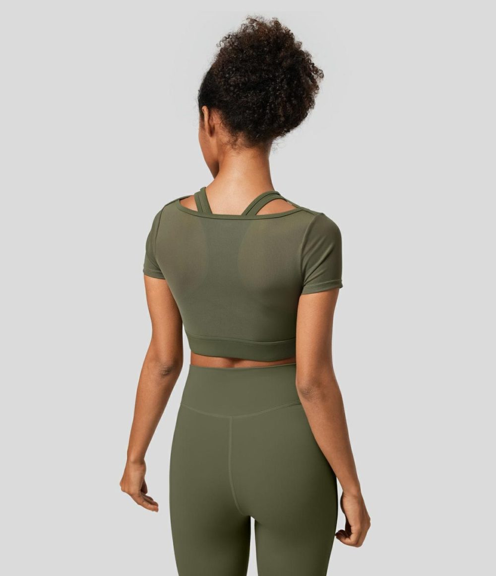 Softlyzero™ Round Neck Cut Out Short Sleeve Contrast Mesh Cropped Workout Sports Top-UPF50+  | Womens  Sports Tops Clothing Grass Grey Green/Black