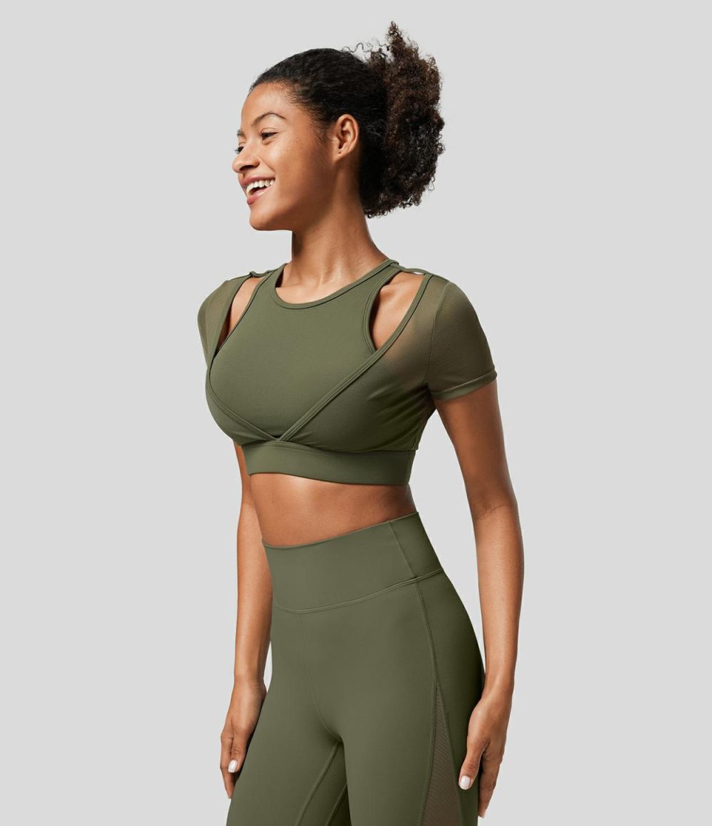 Softlyzero™ Round Neck Cut Out Short Sleeve Contrast Mesh Cropped Workout Sports Top-UPF50+  | Womens  Sports Tops Clothing Grass Grey Green/Black