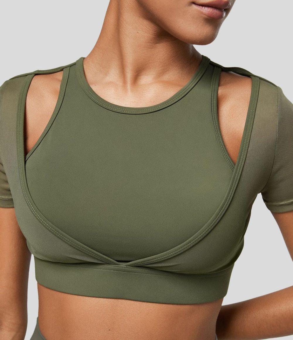 Softlyzero™ Round Neck Cut Out Short Sleeve Contrast Mesh Cropped Workout Sports Top-UPF50+  | Womens  Sports Tops Clothing Grass Grey Green/Black