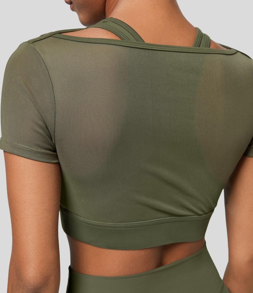 Softlyzero™ Round Neck Cut Out Short Sleeve Contrast Mesh Cropped Workout Sports Top-UPF50+  | Womens  Sports Tops Clothing Grass Grey Green/Black