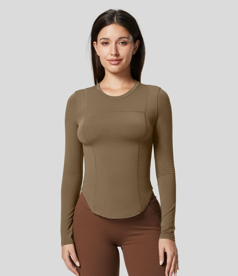 Softlyzero™ Round Neck Long Sleeve Curved Hem Yoga Sports Top-UPF50+  | Womens  Sports Tops Clothing Black/Chestnut Brown