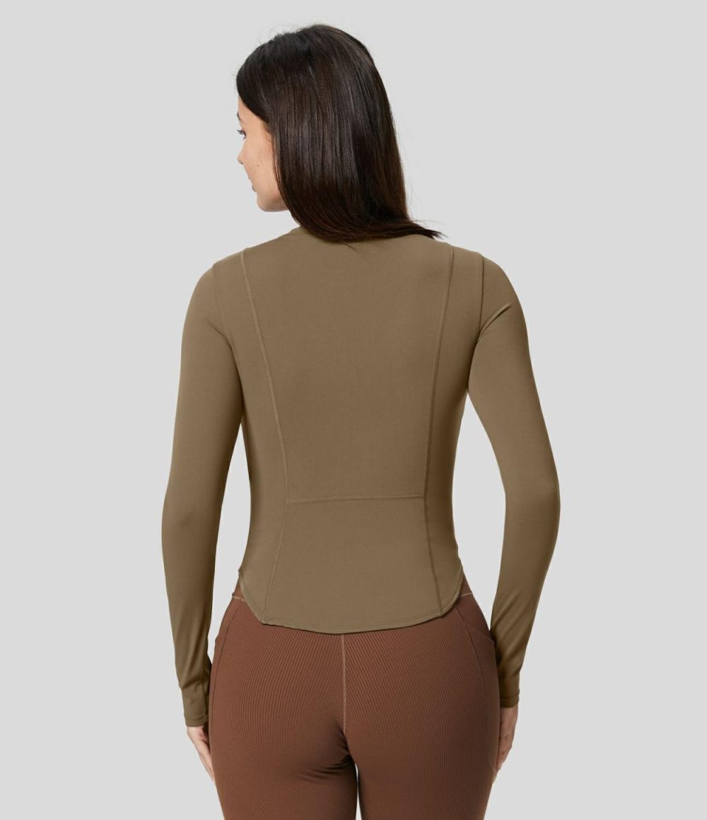 Softlyzero™ Round Neck Long Sleeve Curved Hem Yoga Sports Top-UPF50+  | Womens  Sports Tops Clothing Black/Chestnut Brown