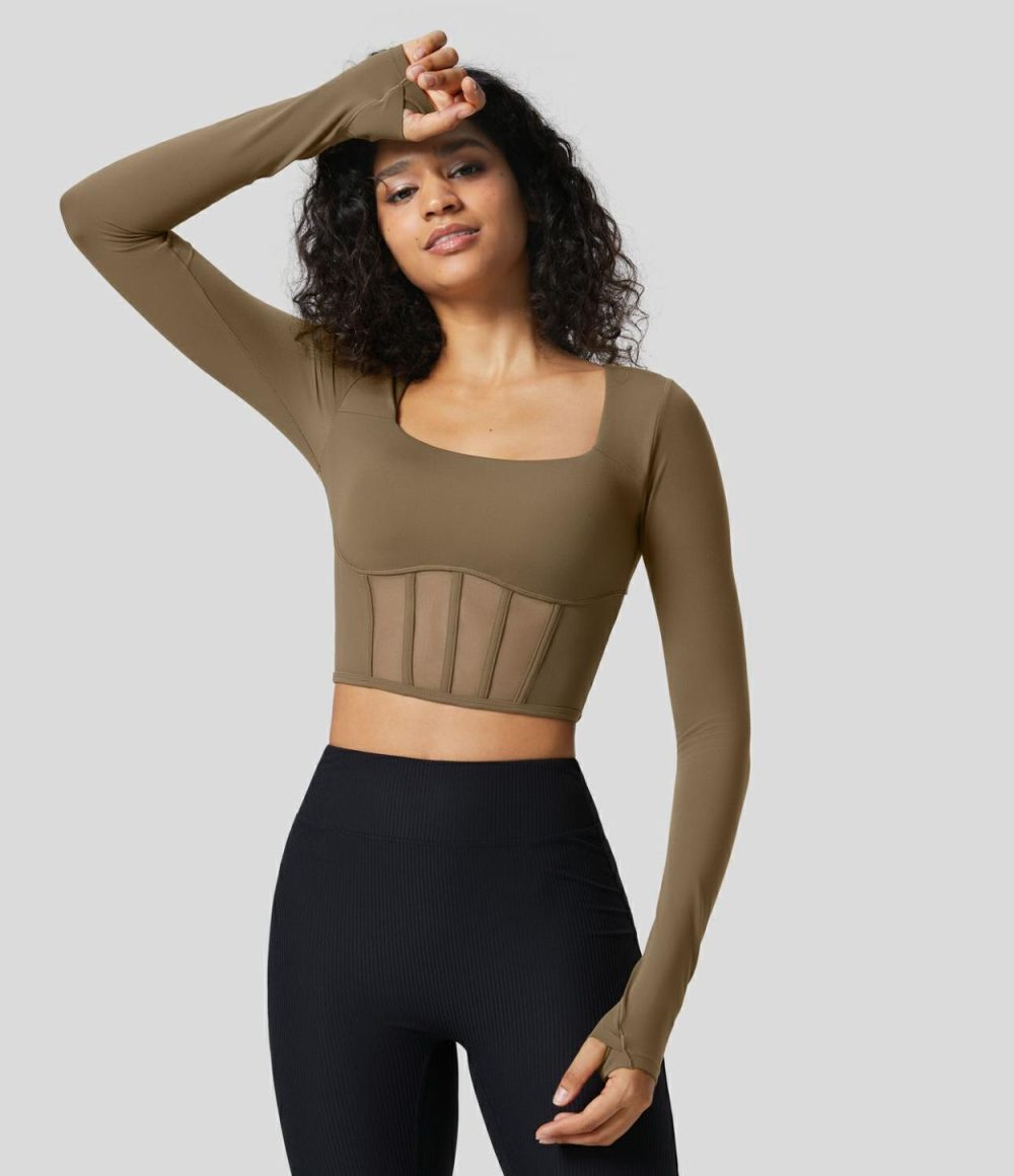 Softlyzero™ Square Neck Thumb Hole Corset Mesh Cropped Yoga Sports Top-UPF50+  | Womens  Sports Tops Clothing Chestnut Brown/Black