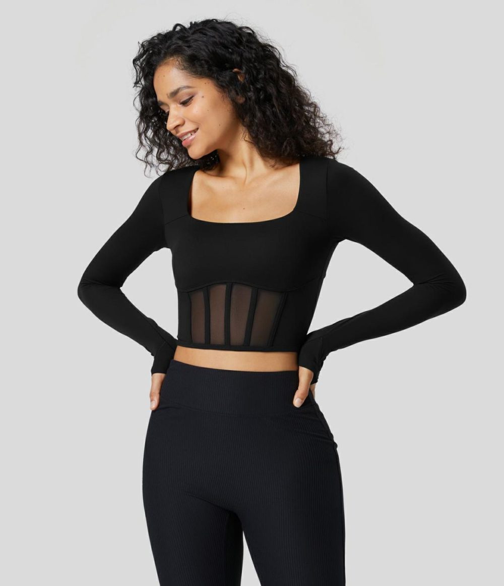 Softlyzero™ Square Neck Thumb Hole Corset Mesh Cropped Yoga Sports Top-UPF50+  | Womens  Sports Tops Clothing Chestnut Brown/Black