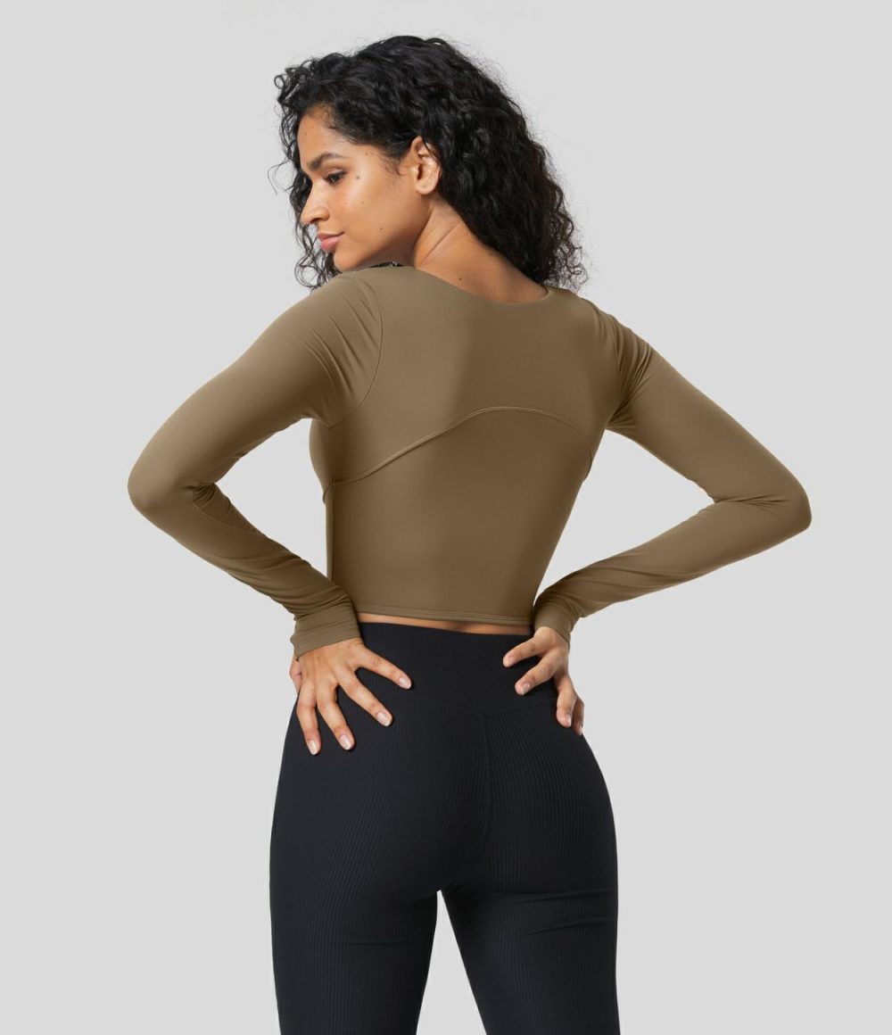 Softlyzero™ Square Neck Thumb Hole Corset Mesh Cropped Yoga Sports Top-UPF50+  | Womens  Sports Tops Clothing Chestnut Brown/Black