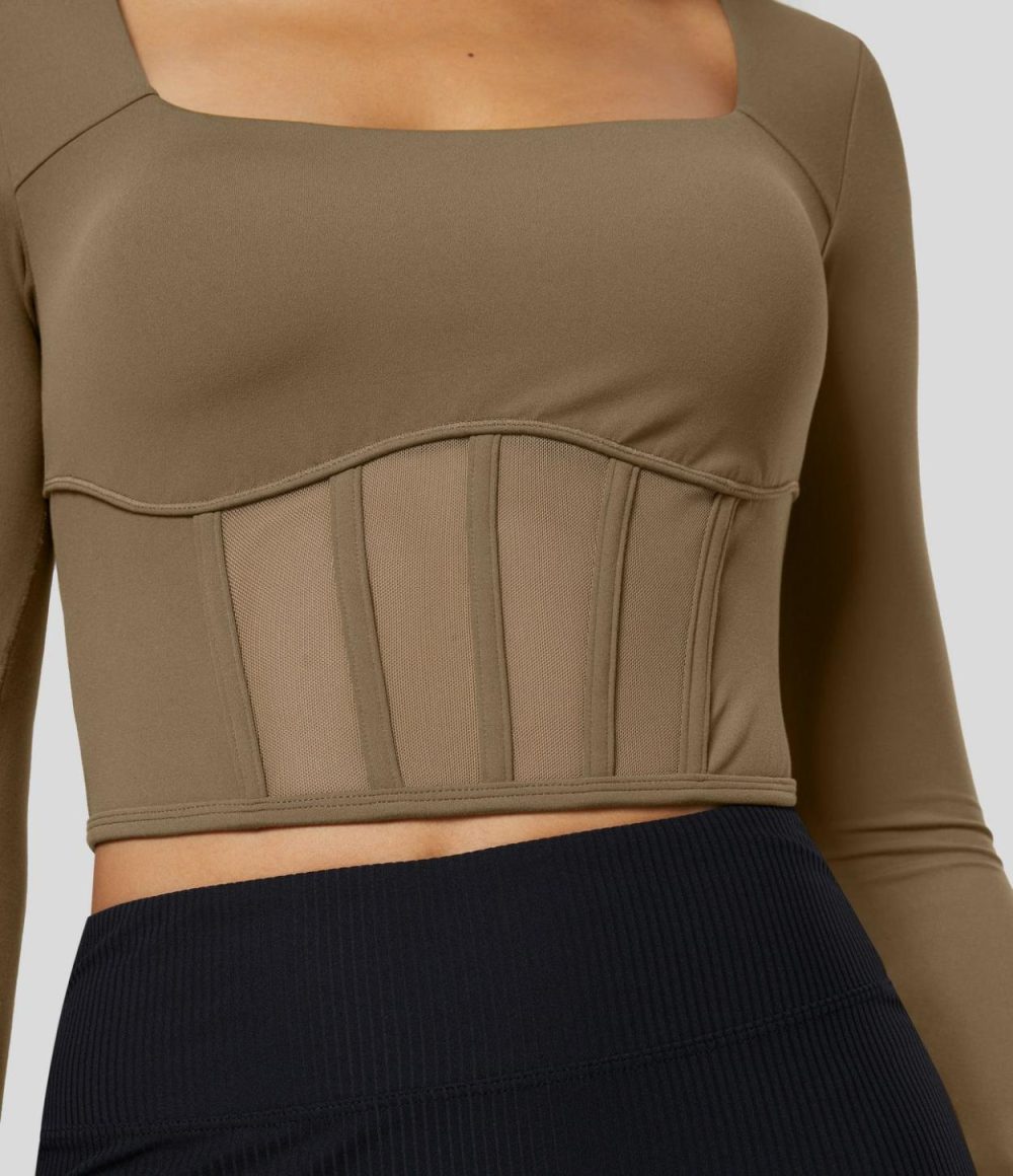 Softlyzero™ Square Neck Thumb Hole Corset Mesh Cropped Yoga Sports Top-UPF50+  | Womens  Sports Tops Clothing Chestnut Brown/Black