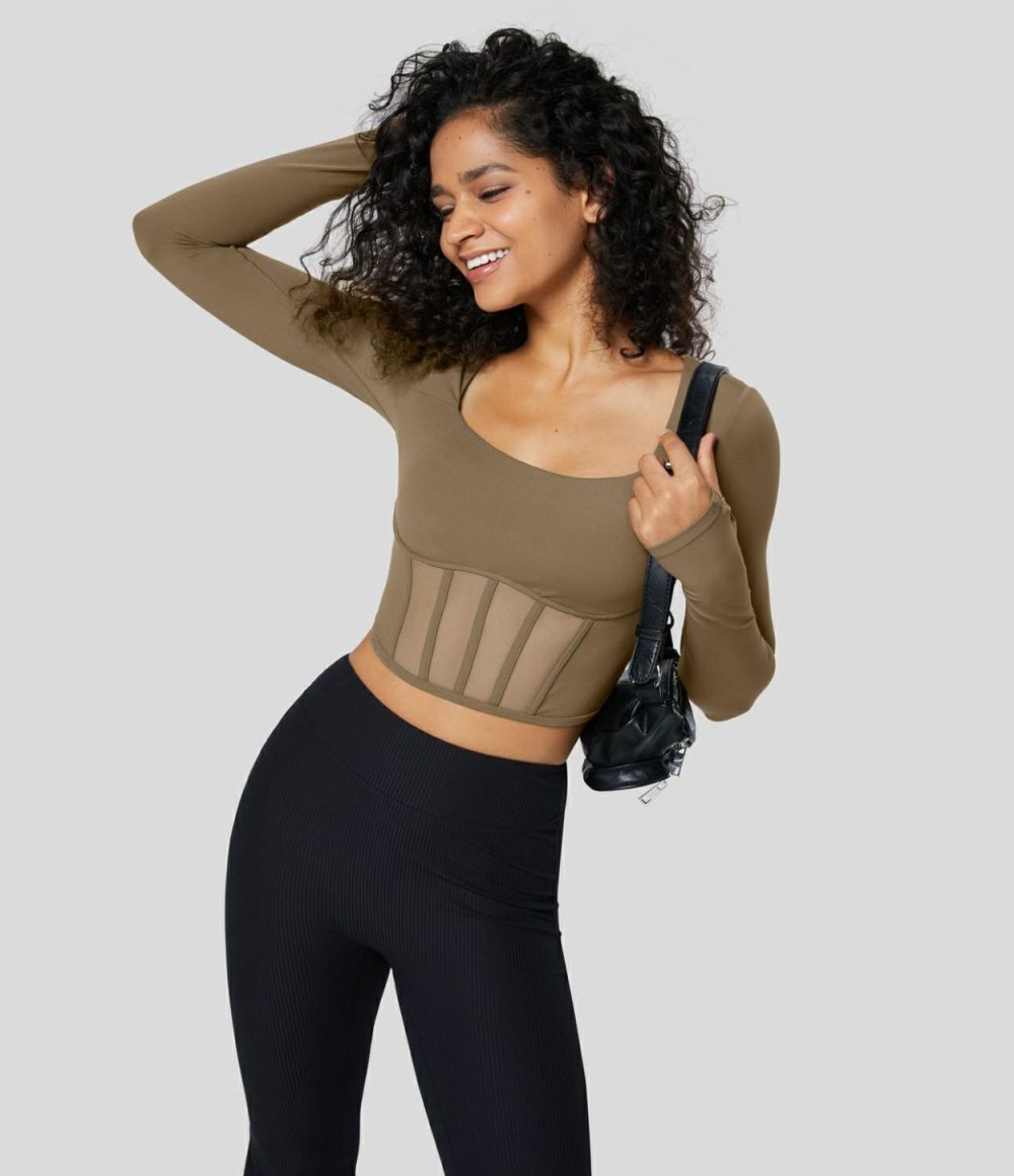 Softlyzero™ Square Neck Thumb Hole Corset Mesh Cropped Yoga Sports Top-UPF50+  | Womens  Sports Tops Clothing Chestnut Brown/Black