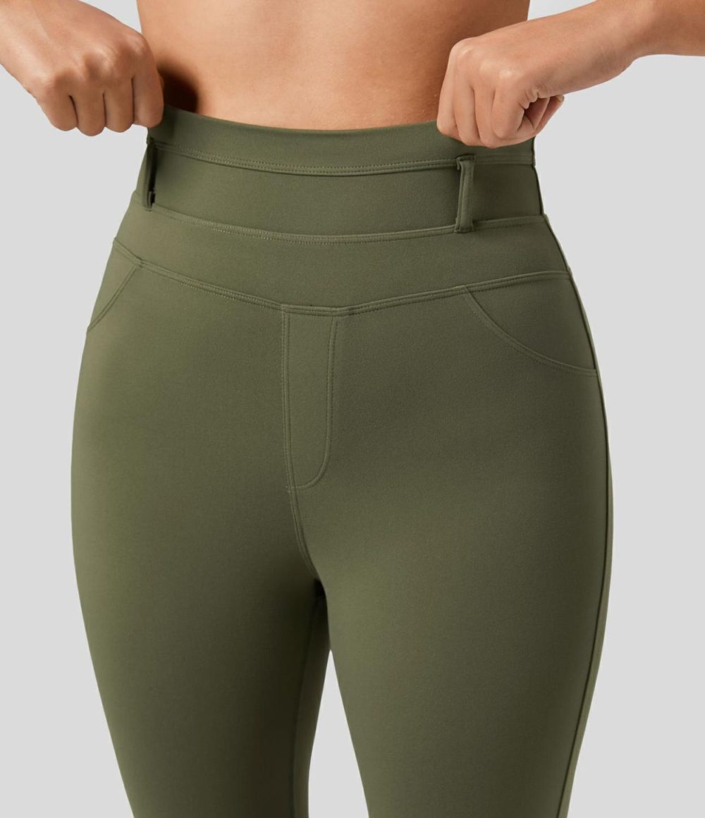 Softlyzero™ Super High Waisted Back Side Pocket 7/8 Yoga Leggings-UPF50+  | Womens  Pocket Leggings Clothing Black/Grass Grey Green