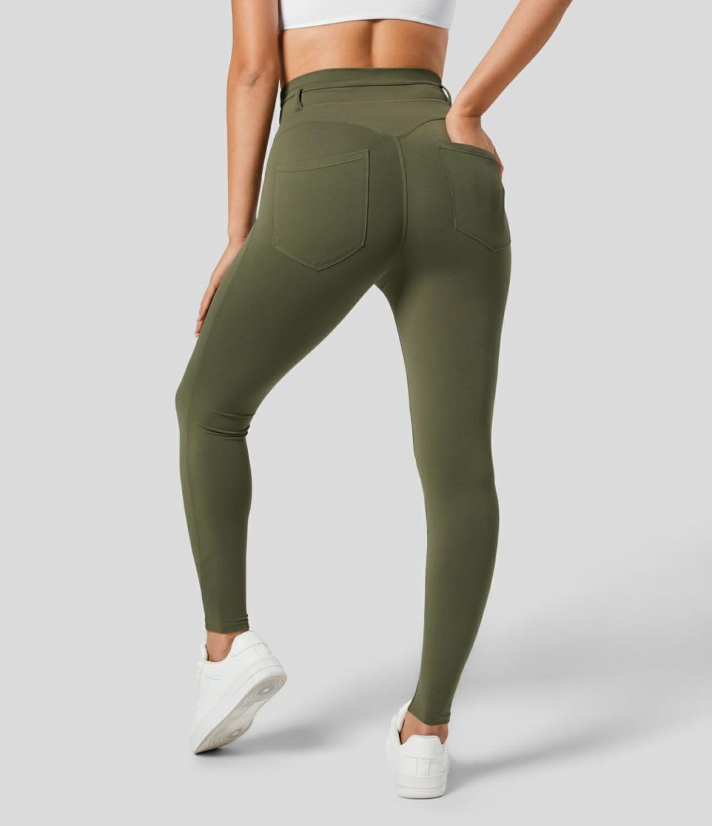 Softlyzero™ Super High Waisted Back Side Pocket 7/8 Yoga Leggings-UPF50+  | Womens  Pocket Leggings Clothing Black/Grass Grey Green