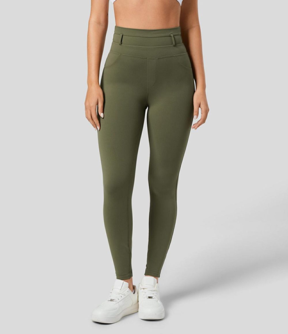 Softlyzero™ Super High Waisted Back Side Pocket 7/8 Yoga Leggings-UPF50+  | Womens  Pocket Leggings Clothing Black/Grass Grey Green