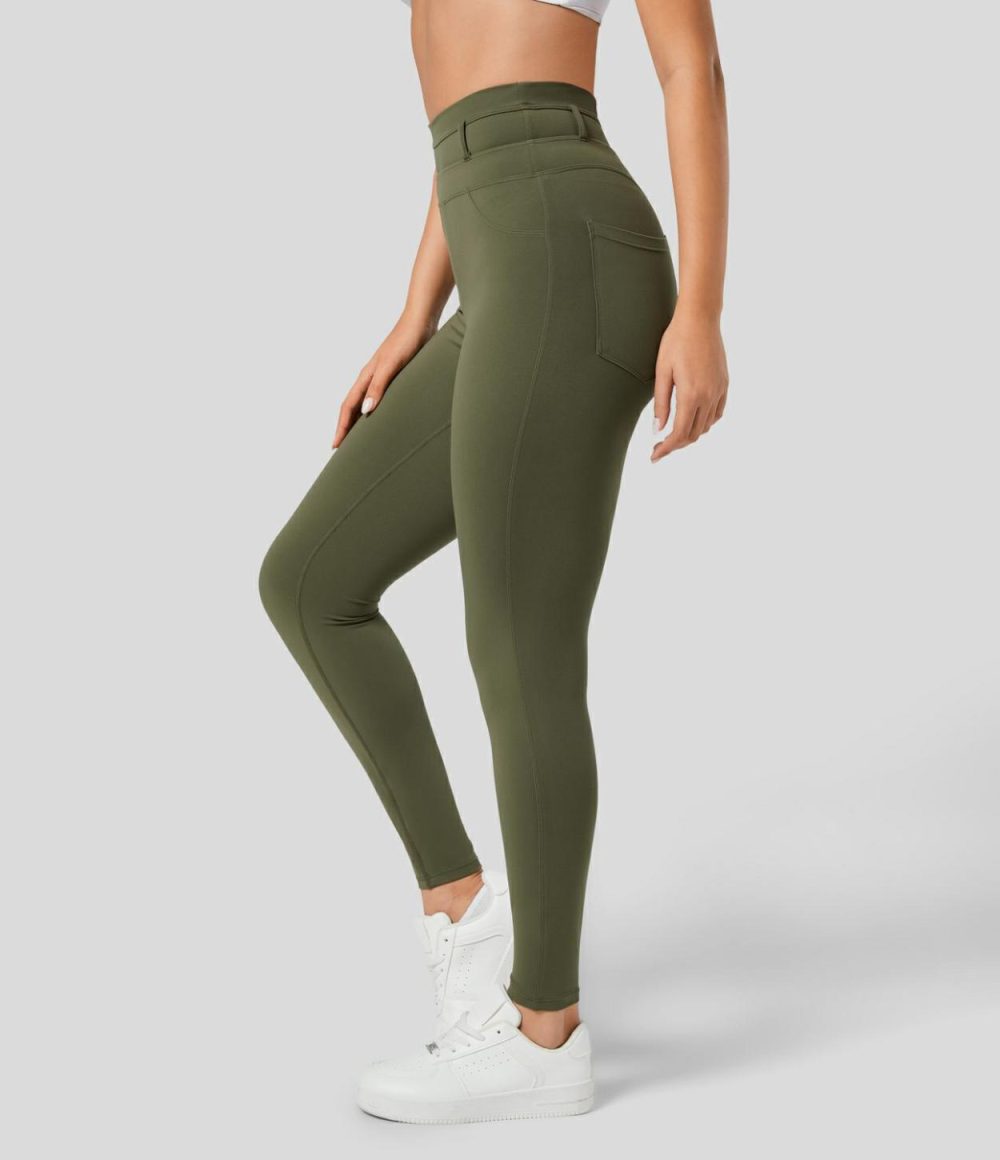 Softlyzero™ Super High Waisted Back Side Pocket 7/8 Yoga Leggings-UPF50+  | Womens  Pocket Leggings Clothing Black/Grass Grey Green