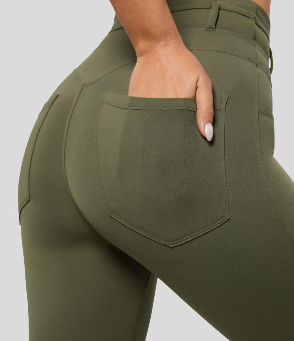 Softlyzero™ Super High Waisted Back Side Pocket 7/8 Yoga Leggings-UPF50+  | Womens  Pocket Leggings Clothing Black/Grass Grey Green