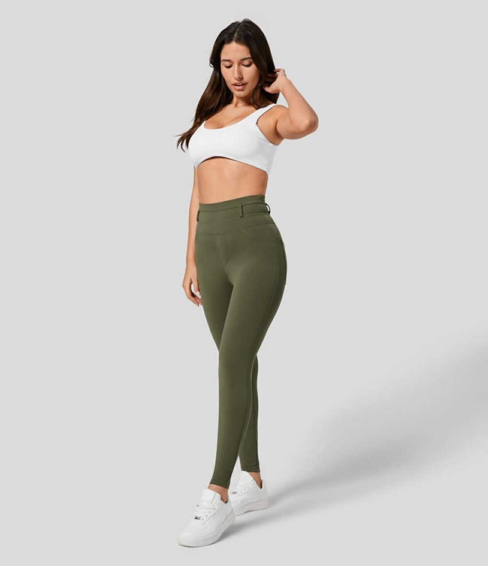 Softlyzero™ Super High Waisted Back Side Pocket 7/8 Yoga Leggings-UPF50+  | Womens  Pocket Leggings Clothing Black/Grass Grey Green