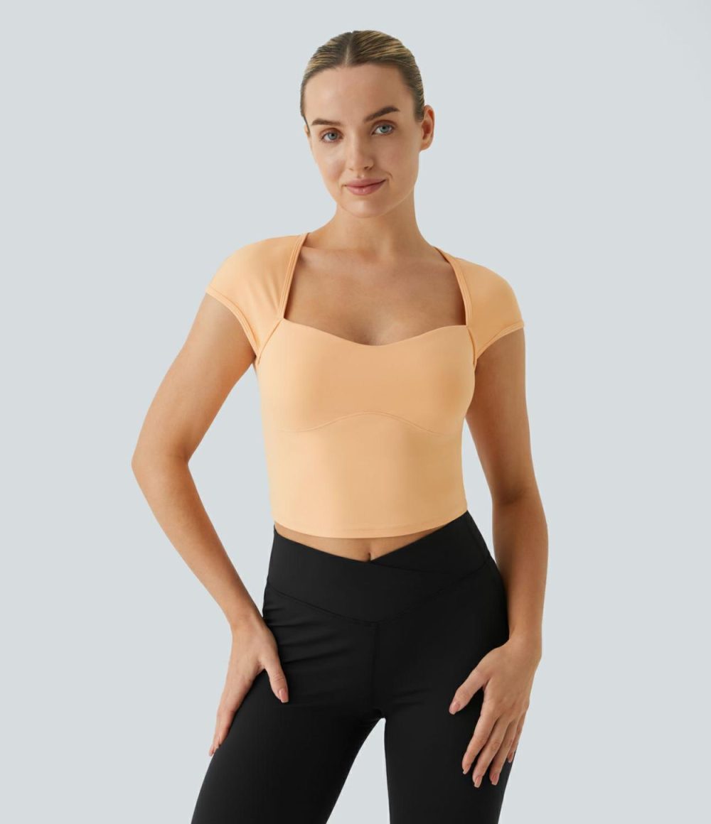 Softlyzero™ Sweetheart Neck Cut Out Cropped Slim Yoga Sports Top-UPF50+  | Womens  Sports Tops Clothing Apricot Sherbet/White