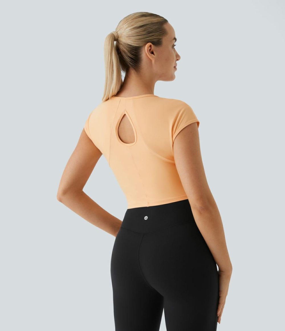 Softlyzero™ Sweetheart Neck Cut Out Cropped Slim Yoga Sports Top-UPF50+  | Womens  Sports Tops Clothing Apricot Sherbet/White