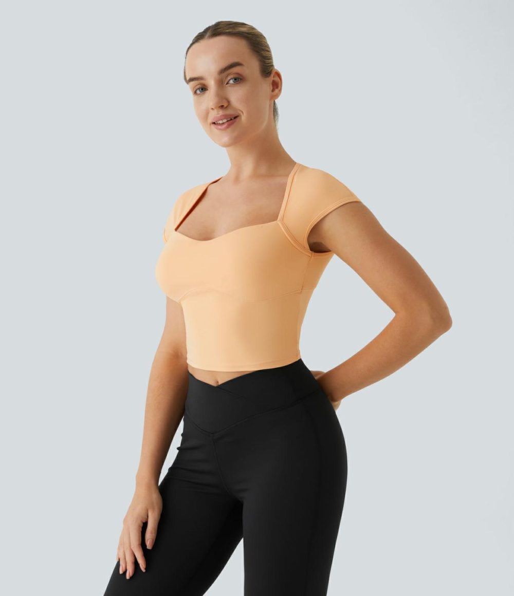 Softlyzero™ Sweetheart Neck Cut Out Cropped Slim Yoga Sports Top-UPF50+  | Womens  Sports Tops Clothing Apricot Sherbet/White