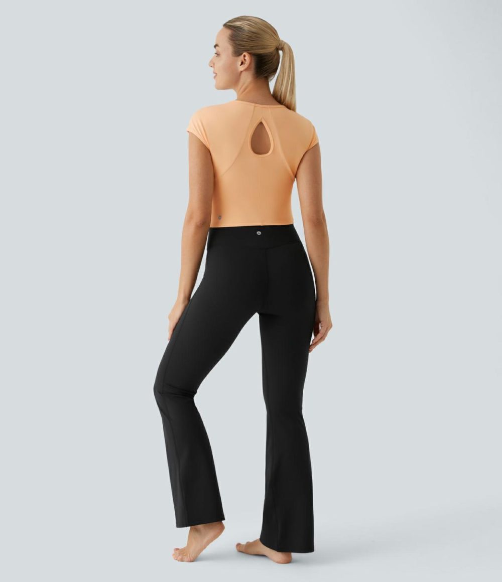 Softlyzero™ Sweetheart Neck Cut Out Cropped Slim Yoga Sports Top-UPF50+  | Womens  Sports Tops Clothing Apricot Sherbet/White