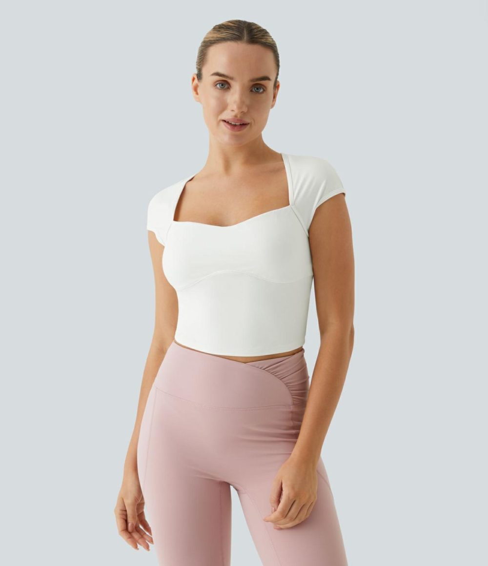 Softlyzero™ Sweetheart Neck Cut Out Cropped Slim Yoga Sports Top-UPF50+  | Womens  Sports Tops Clothing Apricot Sherbet/White