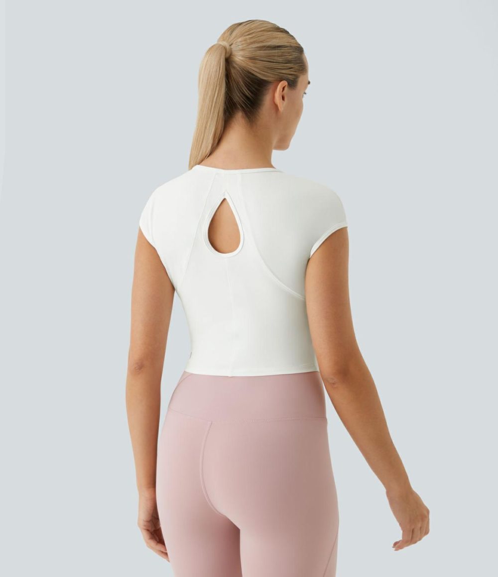 Softlyzero™ Sweetheart Neck Cut Out Cropped Slim Yoga Sports Top-UPF50+  | Womens  Sports Tops Clothing Apricot Sherbet/White